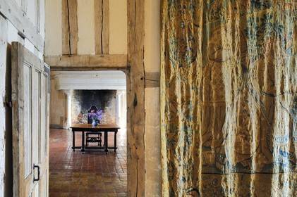 France, Côte d'Or (21), Châteauneuf-en Auxois, labellisé Les Plus Beaux Villages de France, le château, le Grand Logis, chambre aux tapisseries
