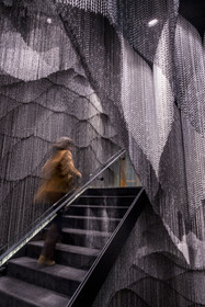 Spain, Catalonia, Barcelona, Eixample district, Passeig de Gracia, Casa Batllo by Catalan modernist architect Antoni Gaudi, UNESCO World Heritage site, descent into the basement of the house created by Japanese architect Kengo Kuma