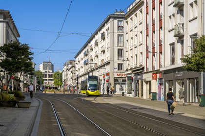 France, Finistère (29), Brest, la rue de Siam empruntée par le tramway, l'Hotel de Ville en arrère plan