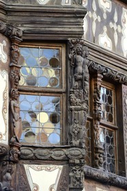 France, Bas Rhin, Saverne, detail of the facade of the Maison Katz from the 17th century, carved corner bow window