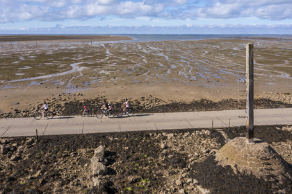 France, Vendée (85), île de Noirmoutier, Barbatre, cyclistes sur le passage du Gois à marée montante, chaussée submersible qui relie l'île au continent à marrée basse, un des refuges sur la droite (vue aérienne)