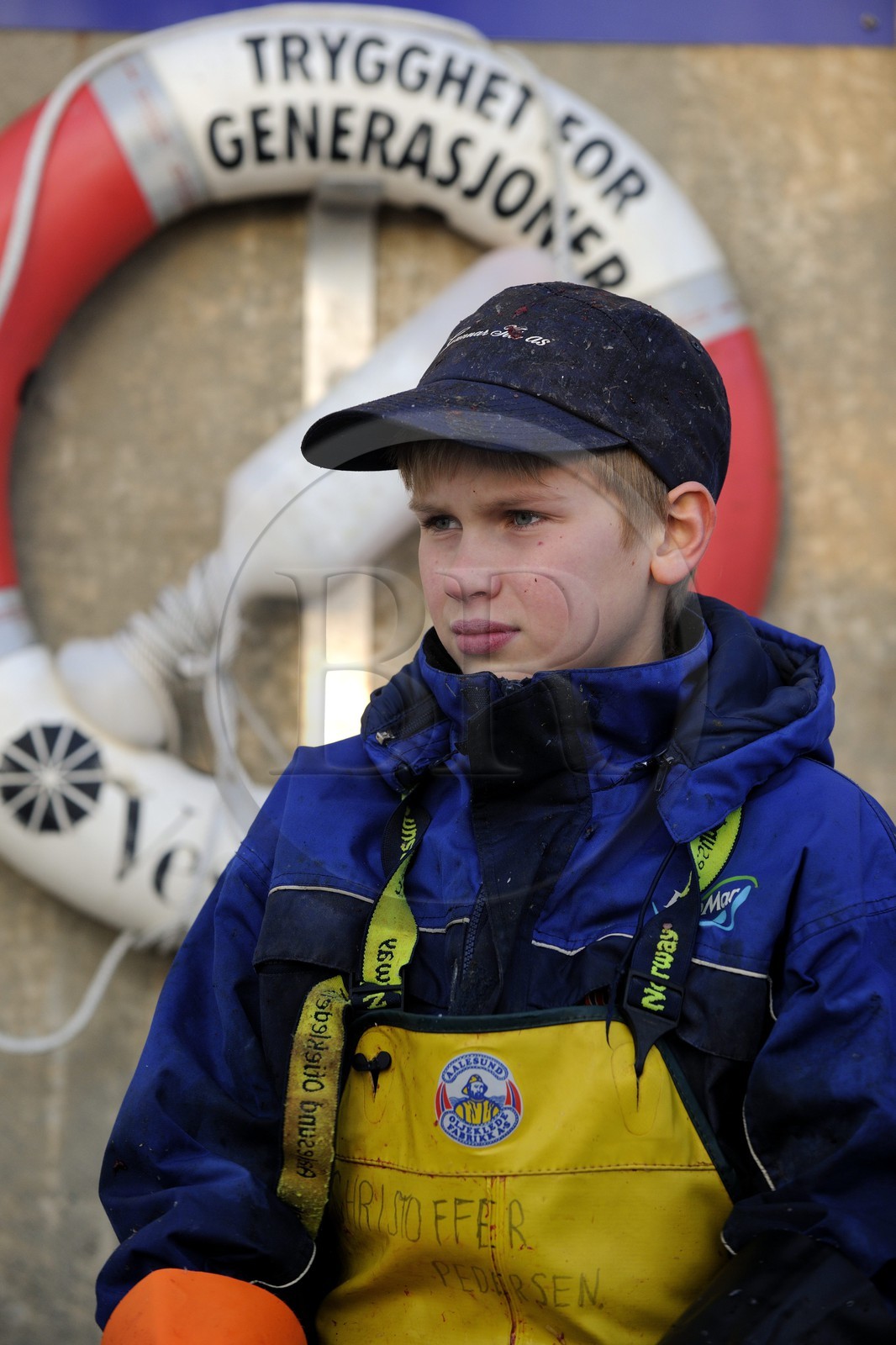 Norway, Nordland County, Vesteralen Islands, Myre harbour, young boy working in cod factory to have pocket money