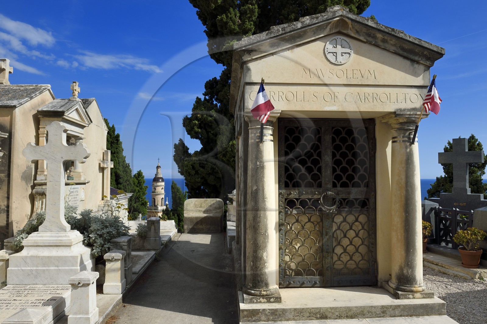 France, Alpes-Maritimes, Menton, old town, the St Michael Basilica bell tower seen from the Old Castle cemetery, marine cemetery