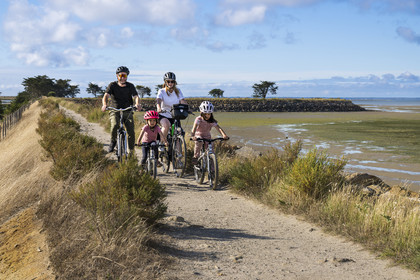 France, Vendée (85), île de Noirmoutier, Barbatre, cyclistes sur la digue de la côte Est à marrée basse