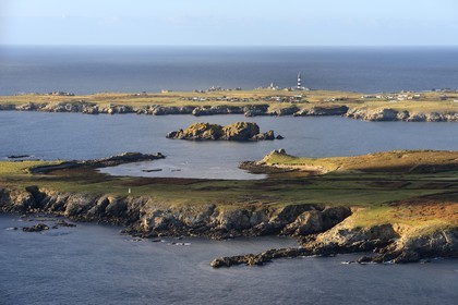 France, Finistere, the regional natural park of Armorica, Iroise sea, Ouessant island, Biosphere reserve (UNESCO), Creach Lighthouse and the West coast (aerial view)