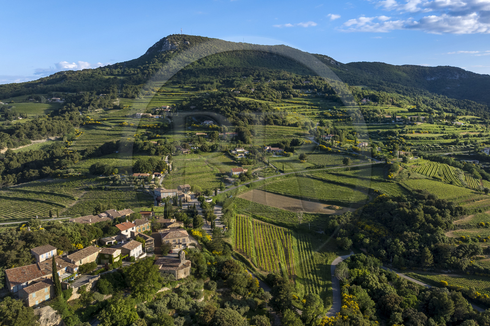 France, Vaucluse (84), Dentelles de Montmirail, le village de Suzette entouré par le vignoble et le sommet de la crète de Saint Amand en arrière plan (vue aérienne)