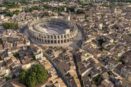 France, Bouches du Rhone, Arles, the Arena, a Roman amphitheater built around 80-90 AD, listed as World heritage by UNESCO, in the heart of the old town (aerial view)