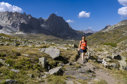 France, Hautes Alpes (05), le Briançonnais, Névache, haute vallée de la Clarée, randonneuse avec ses chiens