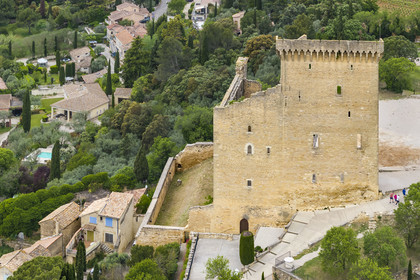 France, Vaucluse (84), Châteauneuf-du-Pape, le donjon du chateau (vue aérienne)