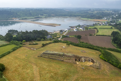 France, Finistère, Morlaix bay, Kernehelen peninsula, 6000 years old Cairn of Barnenez (aerial view)