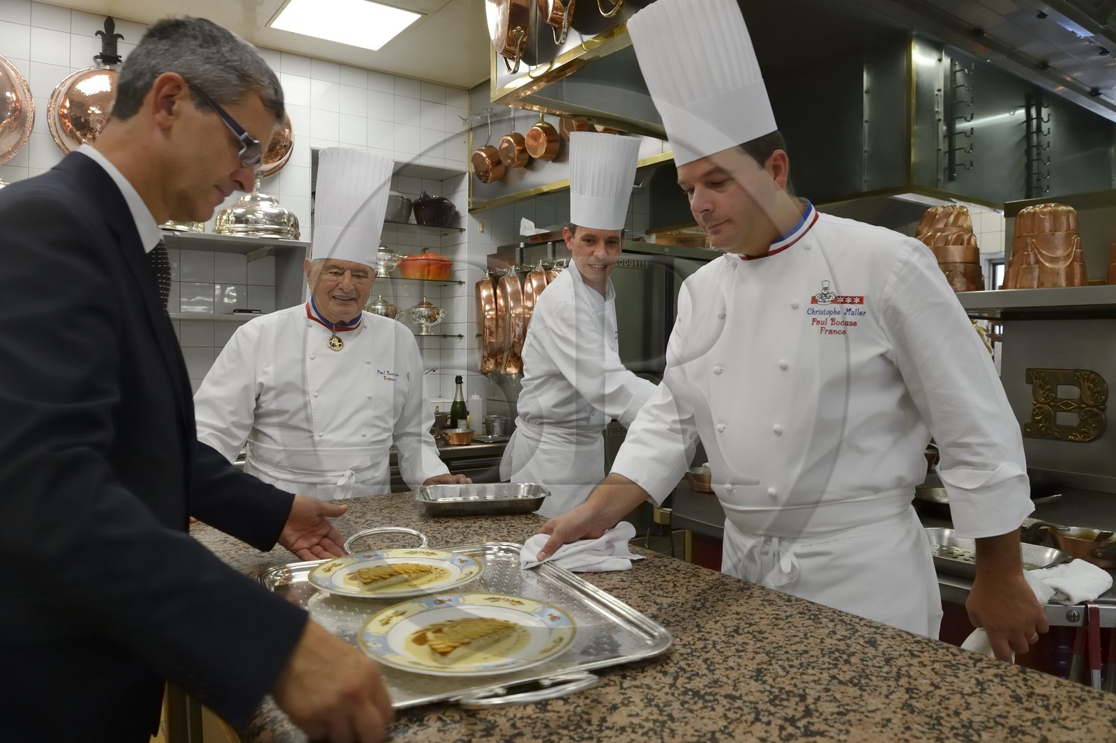 France, Rhone, Collonges au Mont d'Or, Paul Bocuse Restaurant L'Auberge du Pont de Collonges, three Michelin stars since 1965, famous French chef Paul Bocuse with the chef executif Christophe Muller