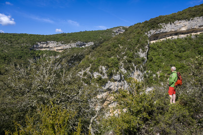 France, Vaucluse, Mont Ventoux Regional Natural Park, Monieux, Gorges de La Nesque, hikers on the heights facing the rocky bars