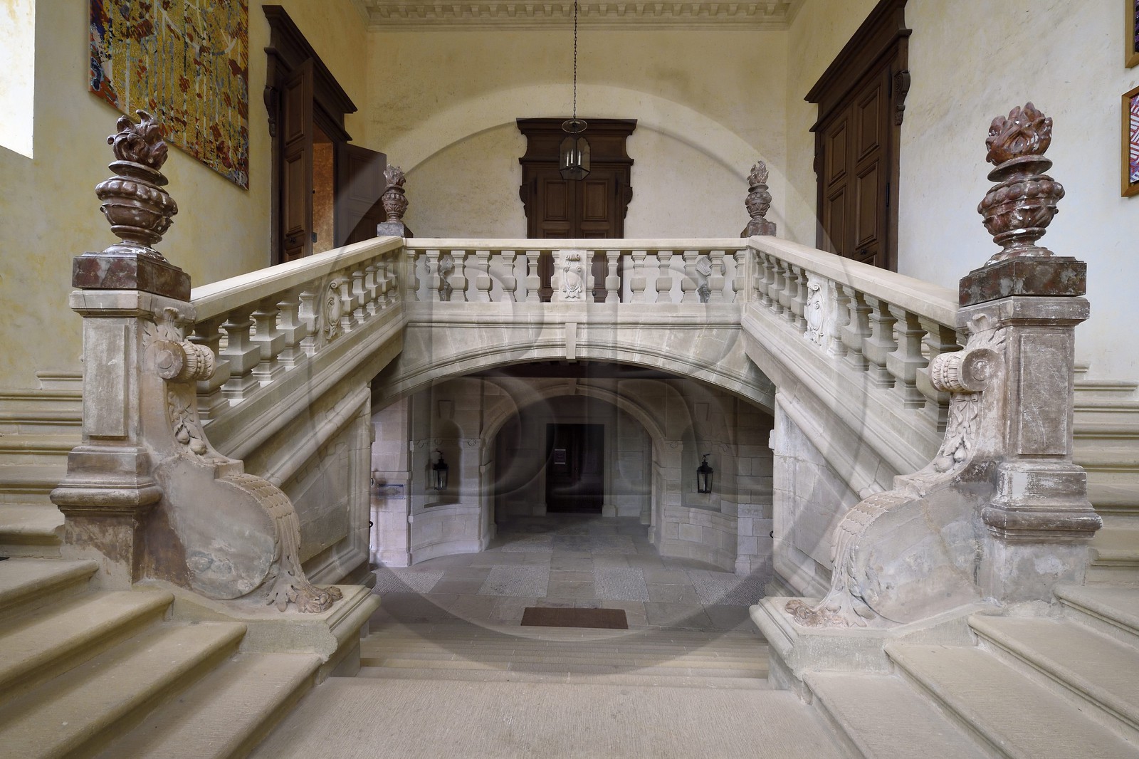 France, Dordogne, Périgord Noir, Hautefort castle, main staircase