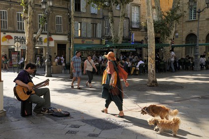 France, Bouches-du-Rhone, Aix-en-Provence, dog walking and street musician on the Place de l'Hotel de ville