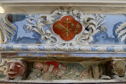 France, Haute Corse, Castagniccia, village of Carcheto, Sainte Marguerite church, Sainte Marguerite lying at the foot of the altar between two lions with red head