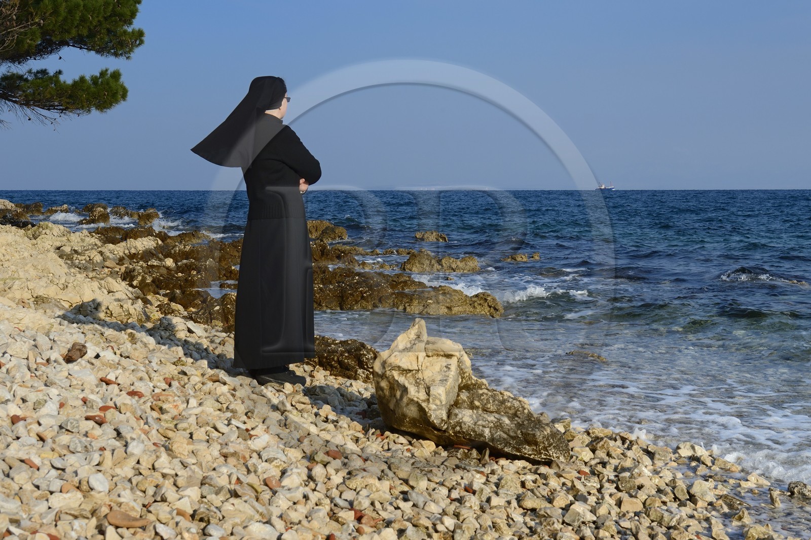Croatia, Dalmatia, Dalmatian Coast, Ugljan Island, Franciscan St. Jerome Convent of the Congregation of the Sisters of Mercy, sister Theresija like contemplating the sea in her spare time