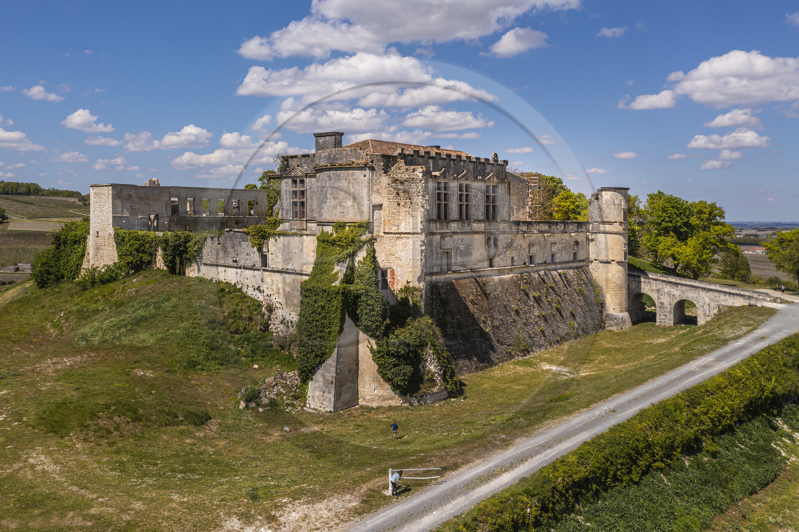 France, Charente (16), Bouteville, Château de Bouteville, reconstruit entre 1594 et 1624 par Bernard de Béon du Massès et Louise de Luxembourg (vue aérienne)