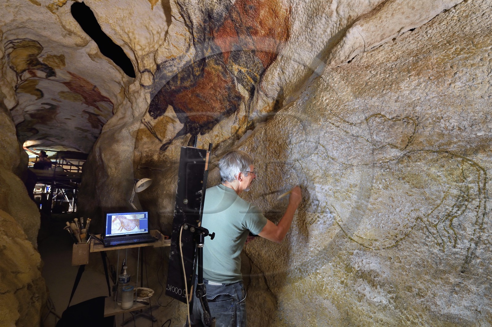 France, Dordogne (24), Montignac, chantier du futur Centre International de l'Art pariétal de Montignac-Lascaux (Lascaux 4), le diverticule axial de la grotte reconstituée par l’Atelier des Fac-Similés du Périgord (AFSP), finitions des peintures murales de la partie inférieure par l'artiste peintre Gilles Lafleur