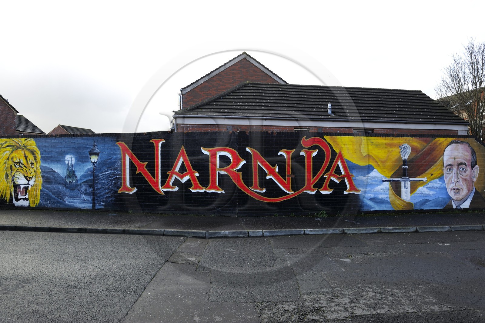 United Kingdom, Northern Ireland, East Belfast, Pansy Street, mural in honor of CS Lewis author of the novel Narnia born in this area