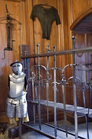 France, Bas Rhin, Orschwiller, Alsace Wine Road, Haut Koenigsbourg Castle, the arms room presents the various halberds, swords, crossbows and armors