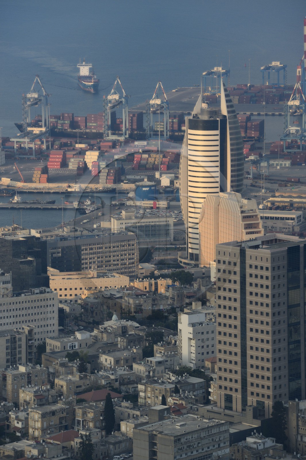 Israel, Haifa, downtown and the port seen from Mount Carmel