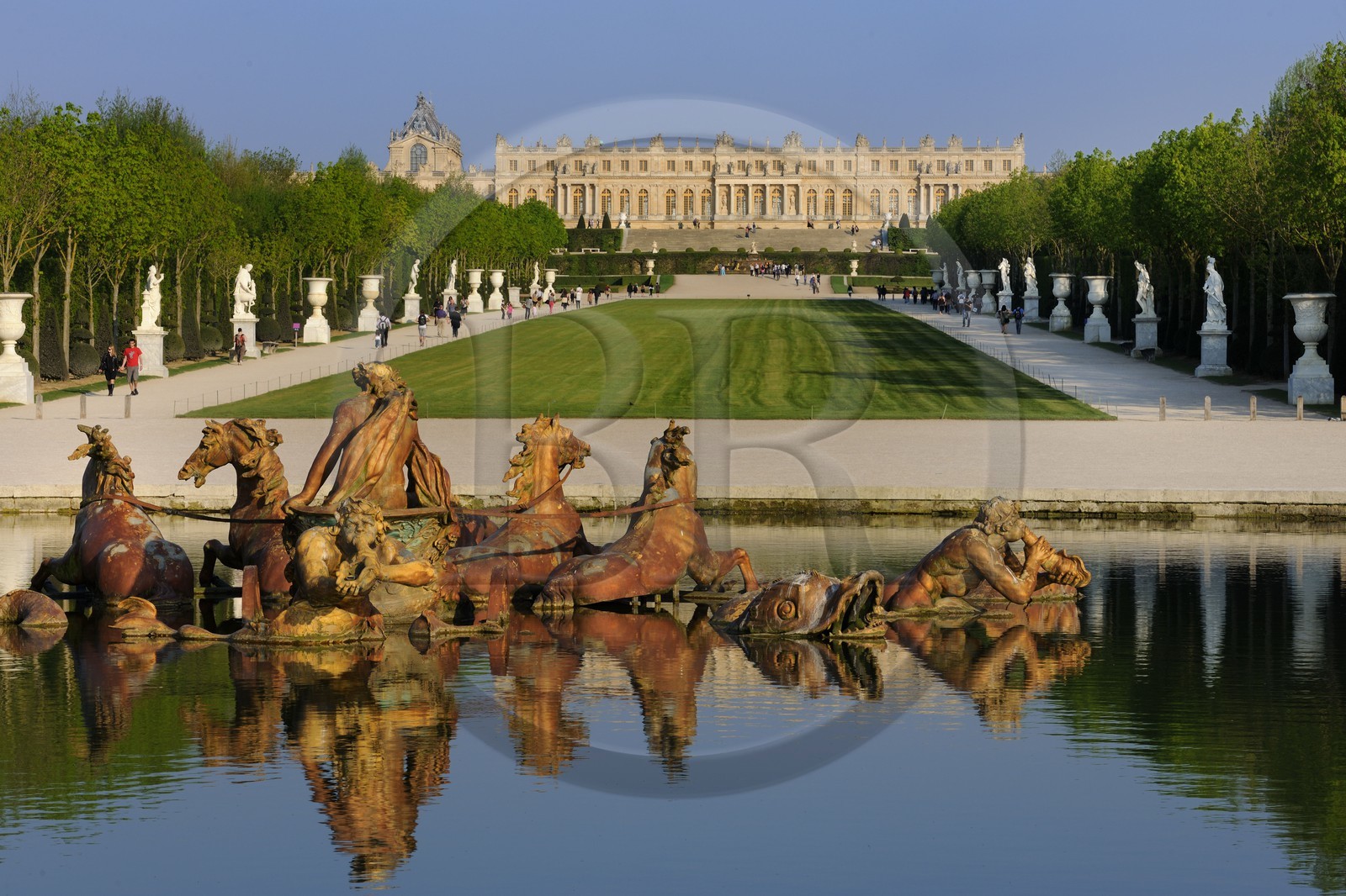 France, Yvelines, park of the Chateau de Versailles, listed as World Heritage by UNESCO, Apollo Basin by Tuby with the Apollo's Cart and Axe du Soleil (the Sun Axis) to the castle
