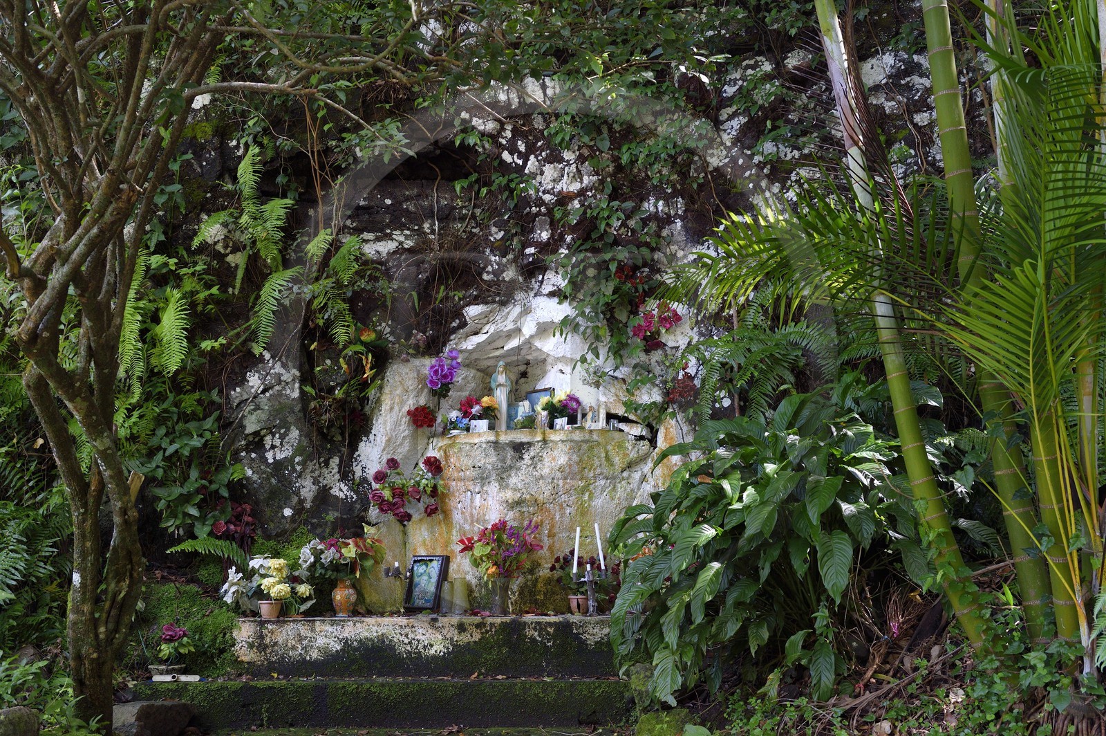 France, Ile de la Reunion, Saint Joseph, rivière Langevin sur les flanc du Volcan Piton de la Fournaise, petite chapelle à la Vierge en bordure de route