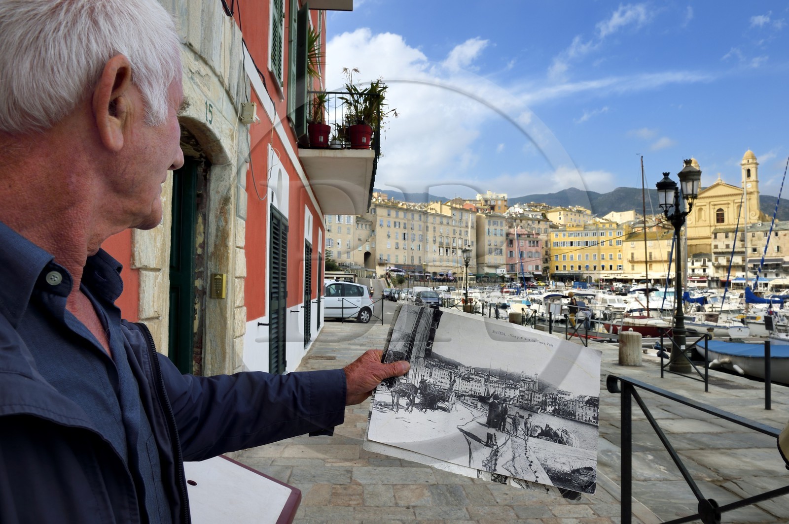 France, Haute Corse, Bastia, the harbour overlooked by St Jean Baptiste Church and photograph of the quai Albert Gillio a century ago