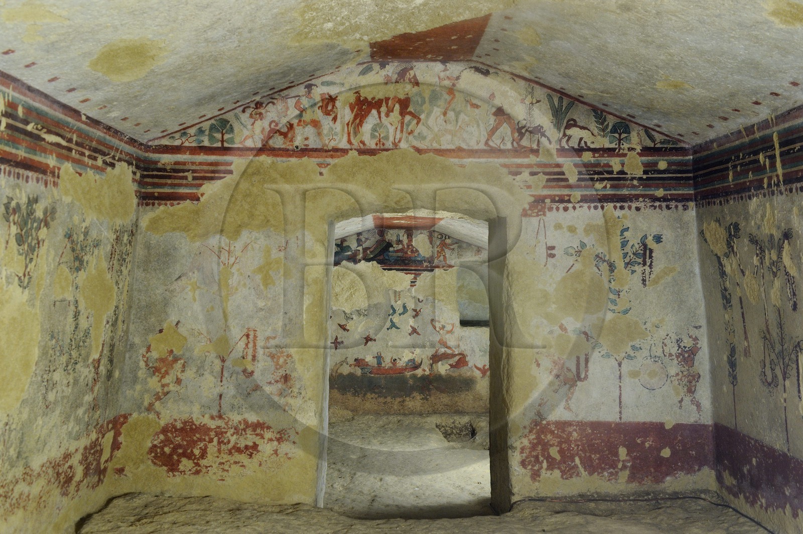 Italie, Latium, province de Viterbe, Tarquinia, nécropole antique étrusque de Monterozzi (Necropoli dei Monterozzi) classée Patrimoine Mondial de l'UNESCO, la Tombe de la Chasse et de la Pêche (Tomba Caccia e Pesca)