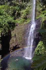Caraïbes, Ile de la Dominique, Parc national du Morne Trois Pitons classé Patrimoine Mondial de l'UNESCO, randonneur à la cascade de Middleham Falls sur le sentier de randonnée Waitukubuli qui traverse l’ile
