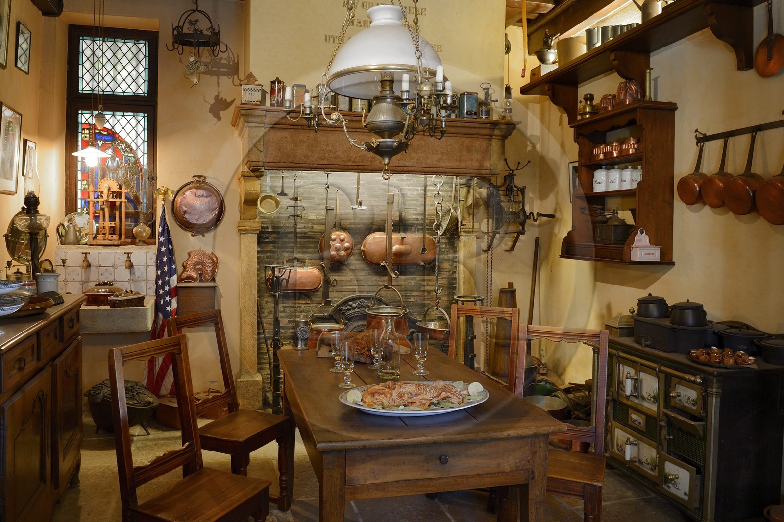 France, Rhone, Collonges au Mont d'Or, Paul Bocuse Restaurant L'abbaye de Collonges dedicated to receptions, reconstitution of his grandmother restaurant cuisine in 1924