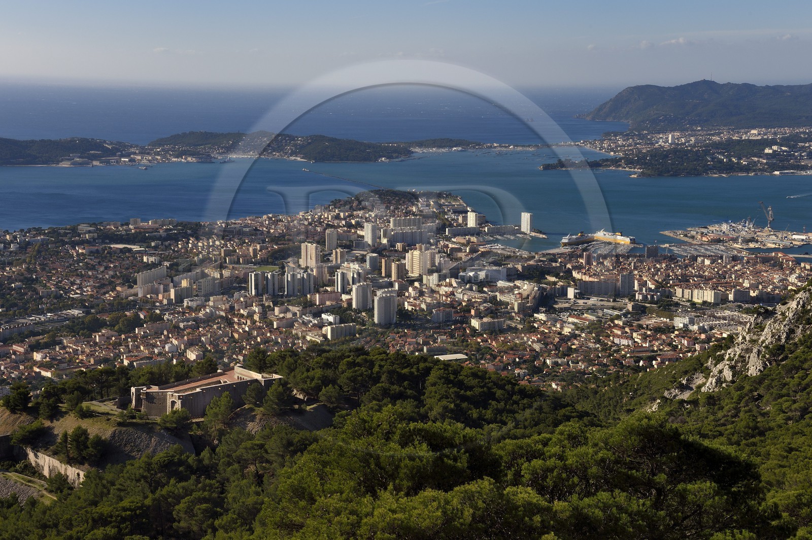 France, Var, Toulon, the Rade (Roadstead) from Mount Faron, Fort Faron in the foreground left, the peninsula of Saint mandrier and Cape Sicie in the background