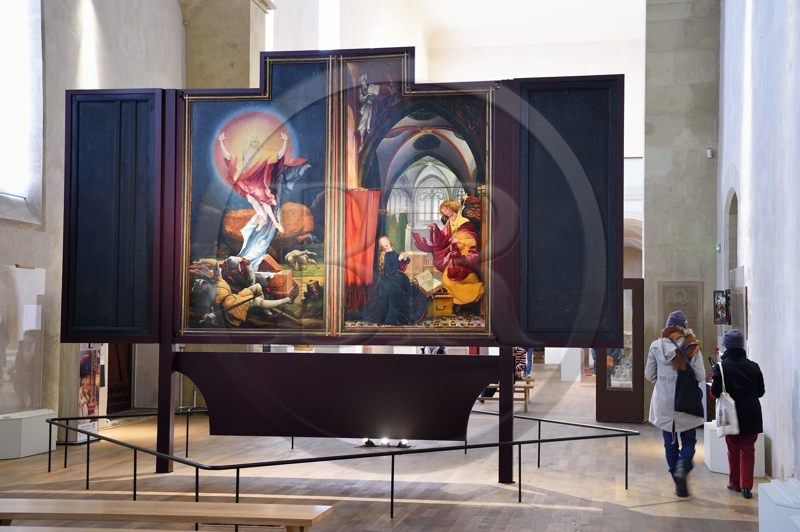 France, Haut-Rhin (68), Colmar, le musée Unterlinden, le retable d'Issenheim attribué à Grünewald, première ouverture représentant l’accomplissement de la nouvelle loi, panneaux de la Résurrection et de l'Annonciation