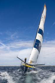 France, Vendée (85), Les-Sables-d'Olonne, le skipper Manuel Cousin en entrainement sur son voilier monocoque de 60 pieds IMOCA Coup de Pouce