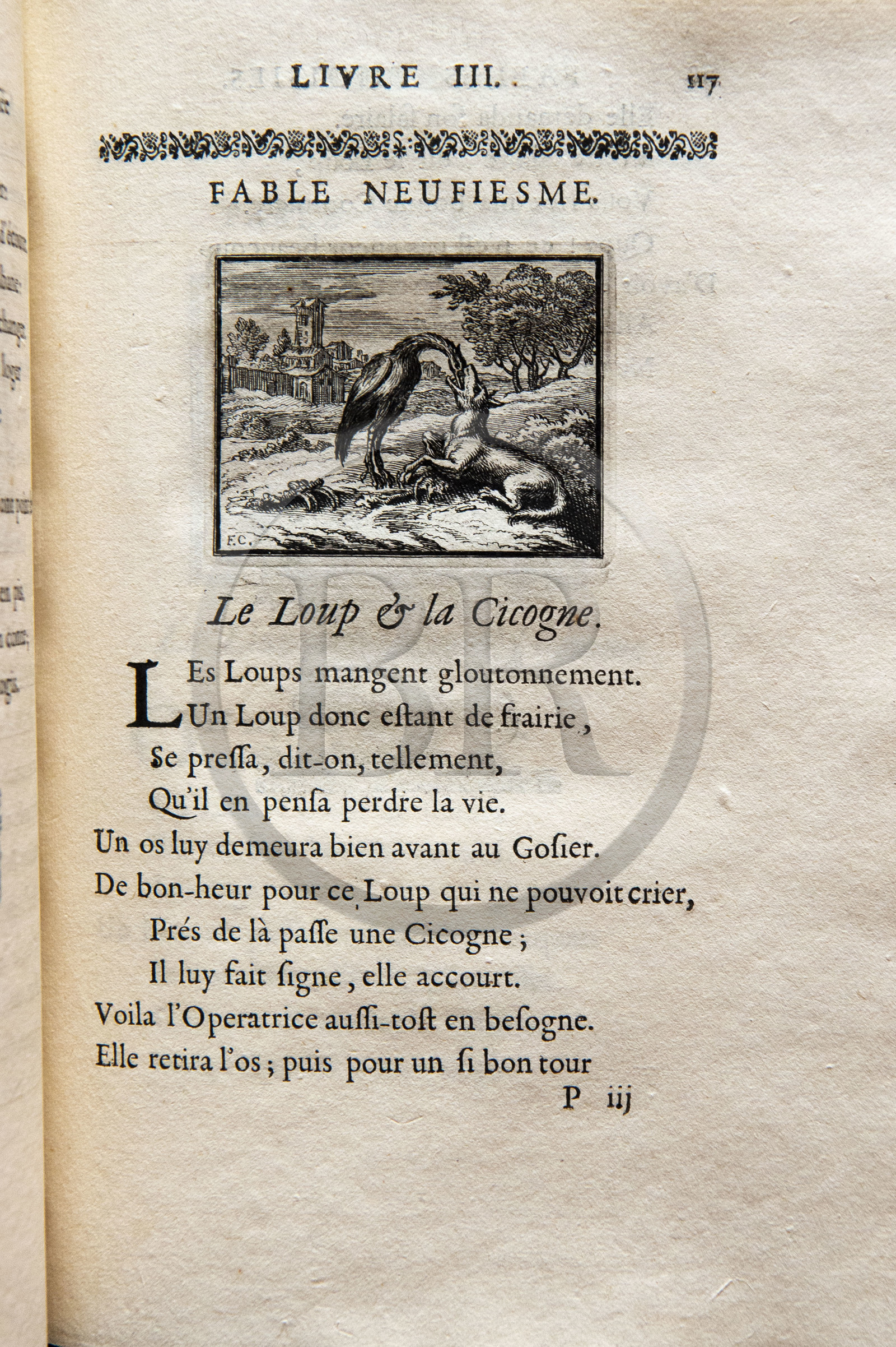 France, Aisne (02), Château-Thierry, Musée Jean de La Fontaine - Ville de Chateau-Thierry, première édition du livre des Fables de La Fontaine, Edition Claude Barbin et Denys Thierry, 1668, in-4, illustrées par François Chauveau, Le Loup et la Cigogne fable IX du livre III
