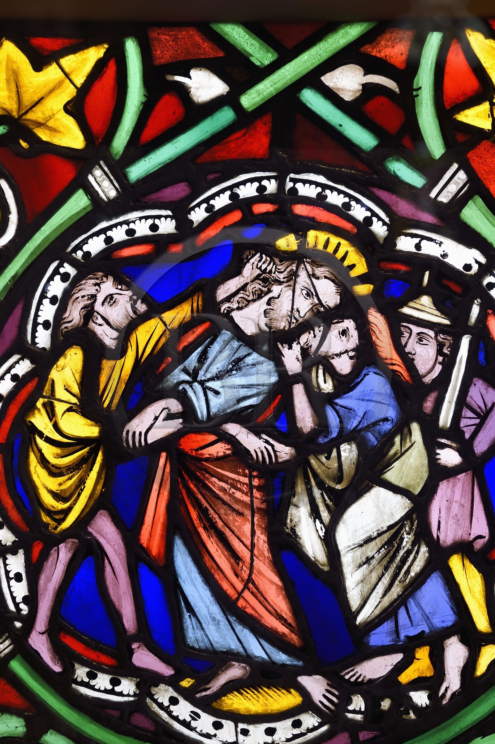 France, Bas Rhin, Strasbourg, old town listed as World Heritage by UNESCO, Musee de l'Oeuvre Notre Dame (Oeuvre Notre Dame museum), stained glass depicting the kiss of Judas (13th century)