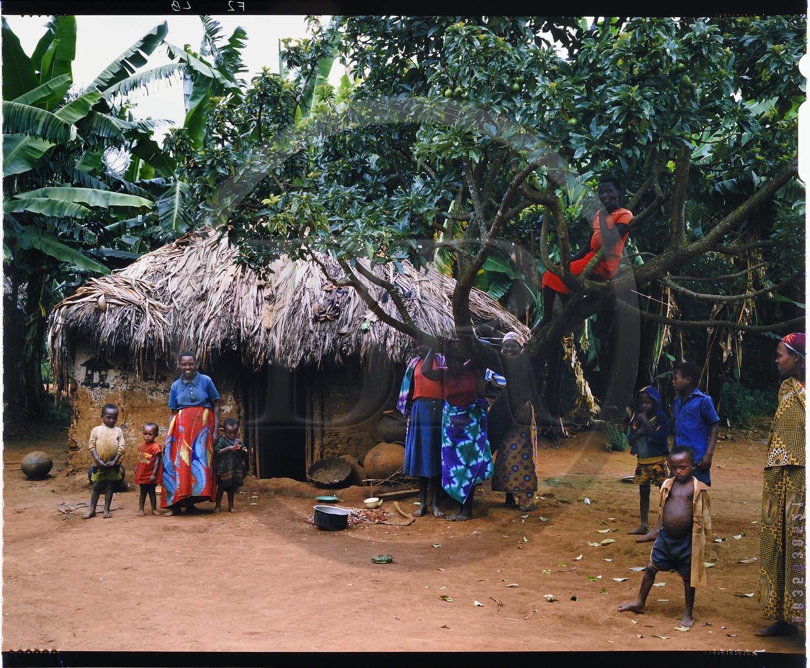 Burundi, province de Kirundo, région du lac Cyohoha Sud (Cohoha), famille de paysans Hutu posant devant une case moderne, l'habitat traditionnel disparaît au profit de cases carré en terre battue, recouverte ou non de tôle ondulée (reproduction plan-film inversible 4x5)