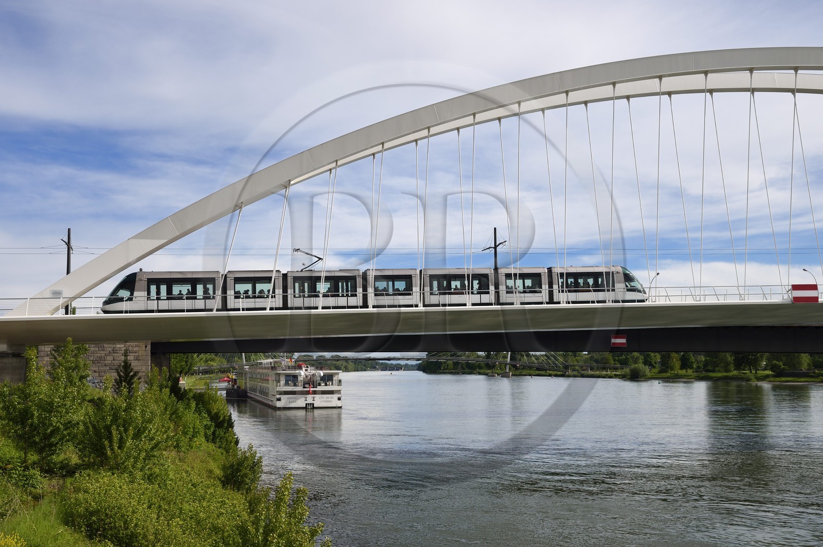 France, Bas Rhin, Strasbourg, the pedestrian, bicycle and the tram line D bridge over the Rhine river connecting Strasbourg to Kehl in Germany inaugurated on 28 April 2017 called Beatus Rhenanus bridge