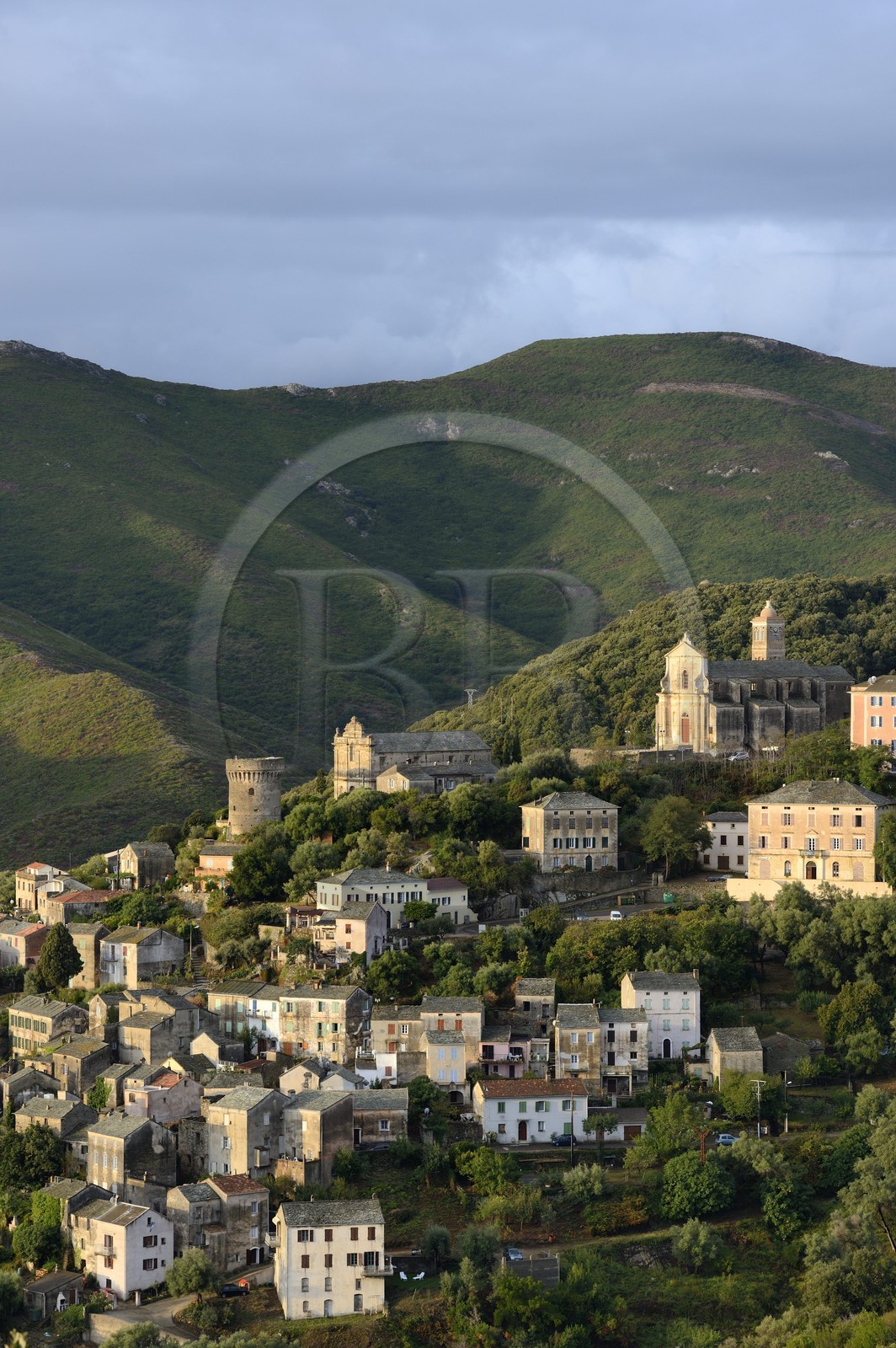 France, Haute Corse, Cap Corse, Rogliano municipality, village of Bettolacce (Bettulace) overlooked by the round Genoese tower della Parocchia, fortified tower of the fifteenth century