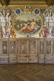France, Seine-et-Marne, Fontainebleau, castle of Fontainebleau listed as World Heritage by UNESCO, the Francois 1er Gallery built between 1528 and 1530, decorated with paintings, paneling, frescoes and stuccos, carved walnut woodwork and a coffered ceiling