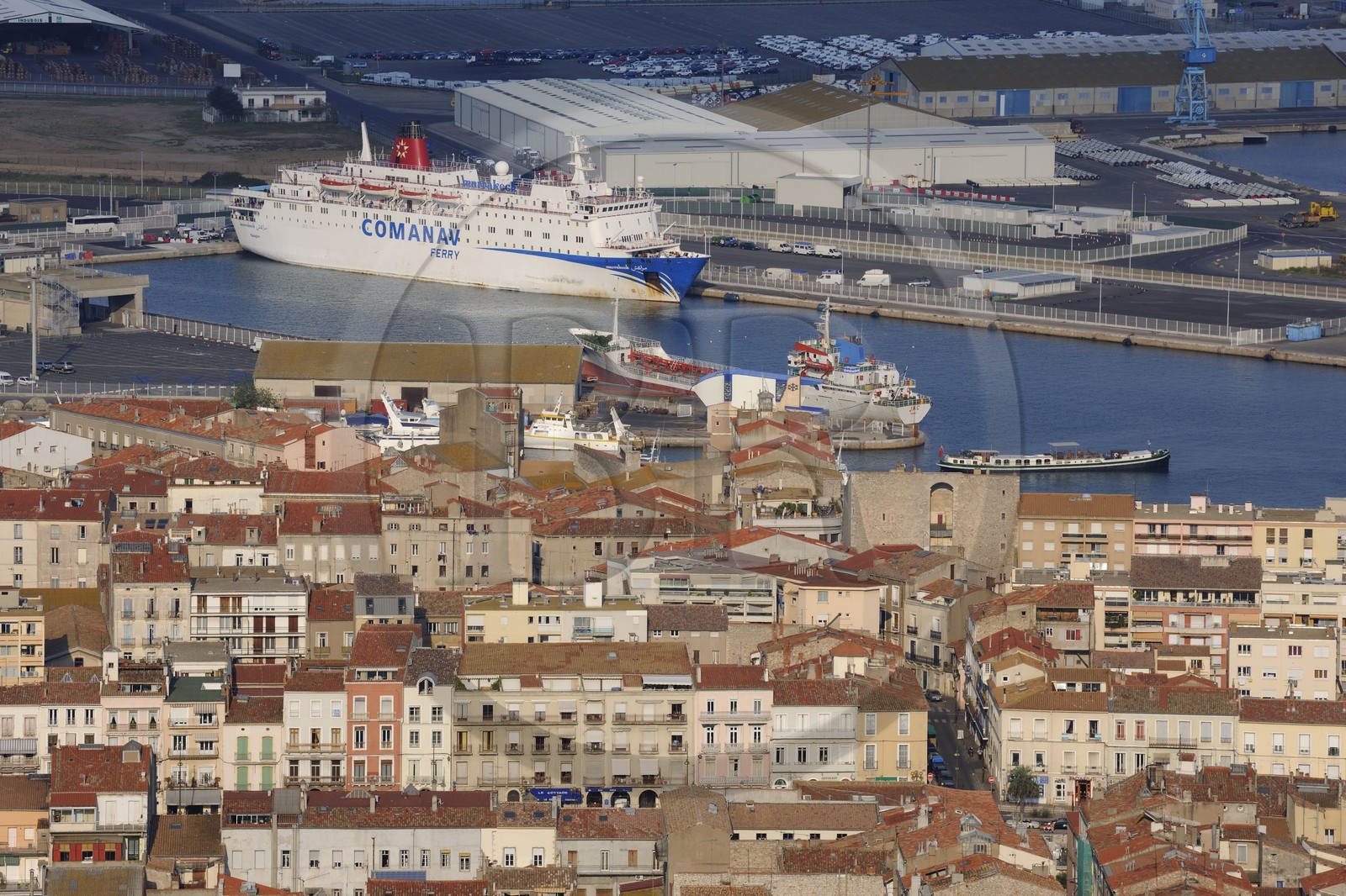 France, Herault, Sete, viewpoint from Notre Dame de la Salette, ferry in the port basin Orsetti