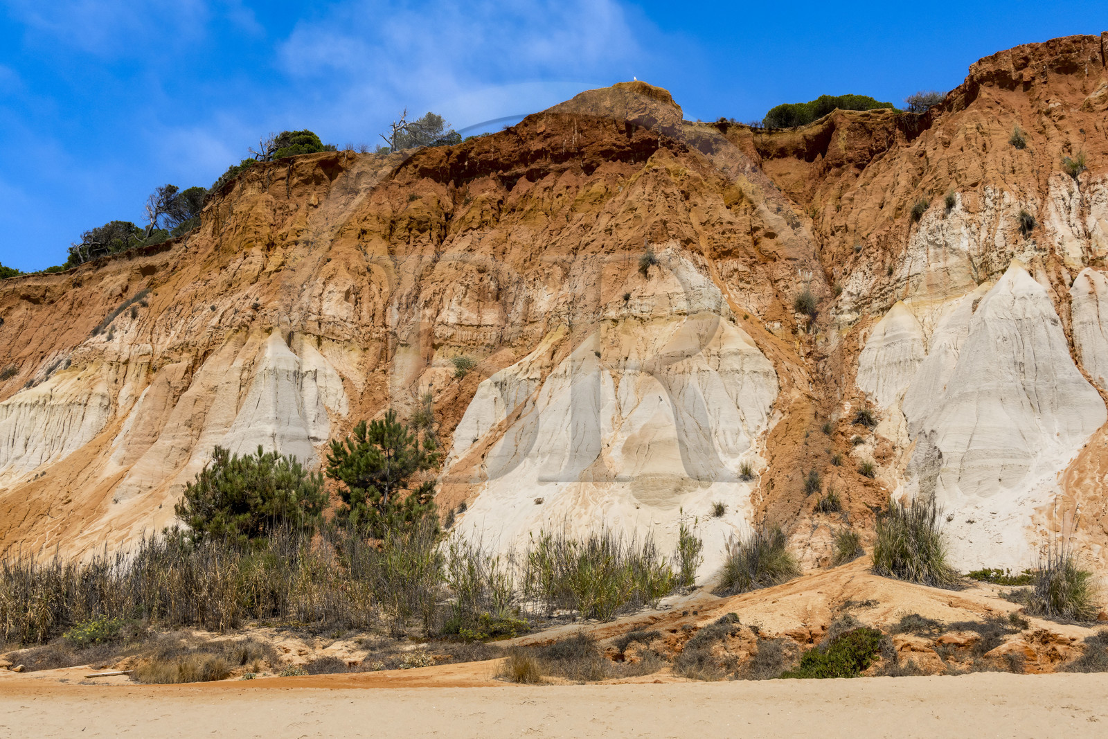 Portugal, Algarve, Olhos de Agua, la plage de Praia da Falésia surplombée par ses falaises rouges