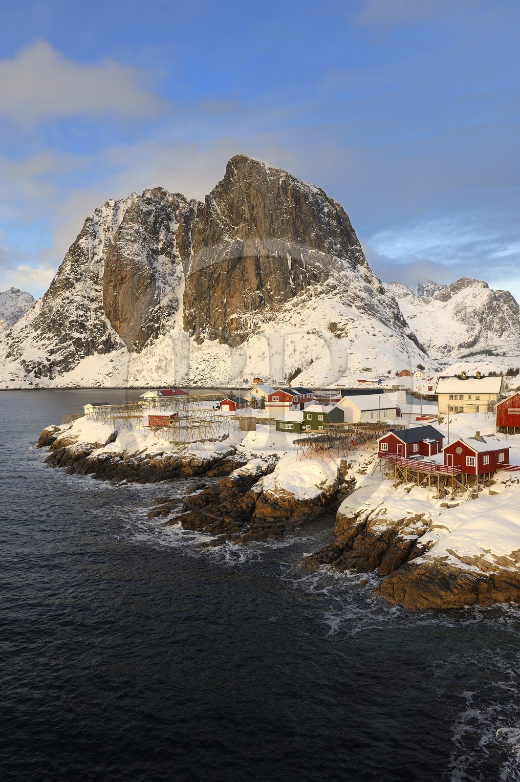 Norvège, Nordland, Iles Lofoten, Ile de Moskenes, le port de pêche de Hamnoy près de Reine, accrochage du cabillaud (morue) pour le séchage