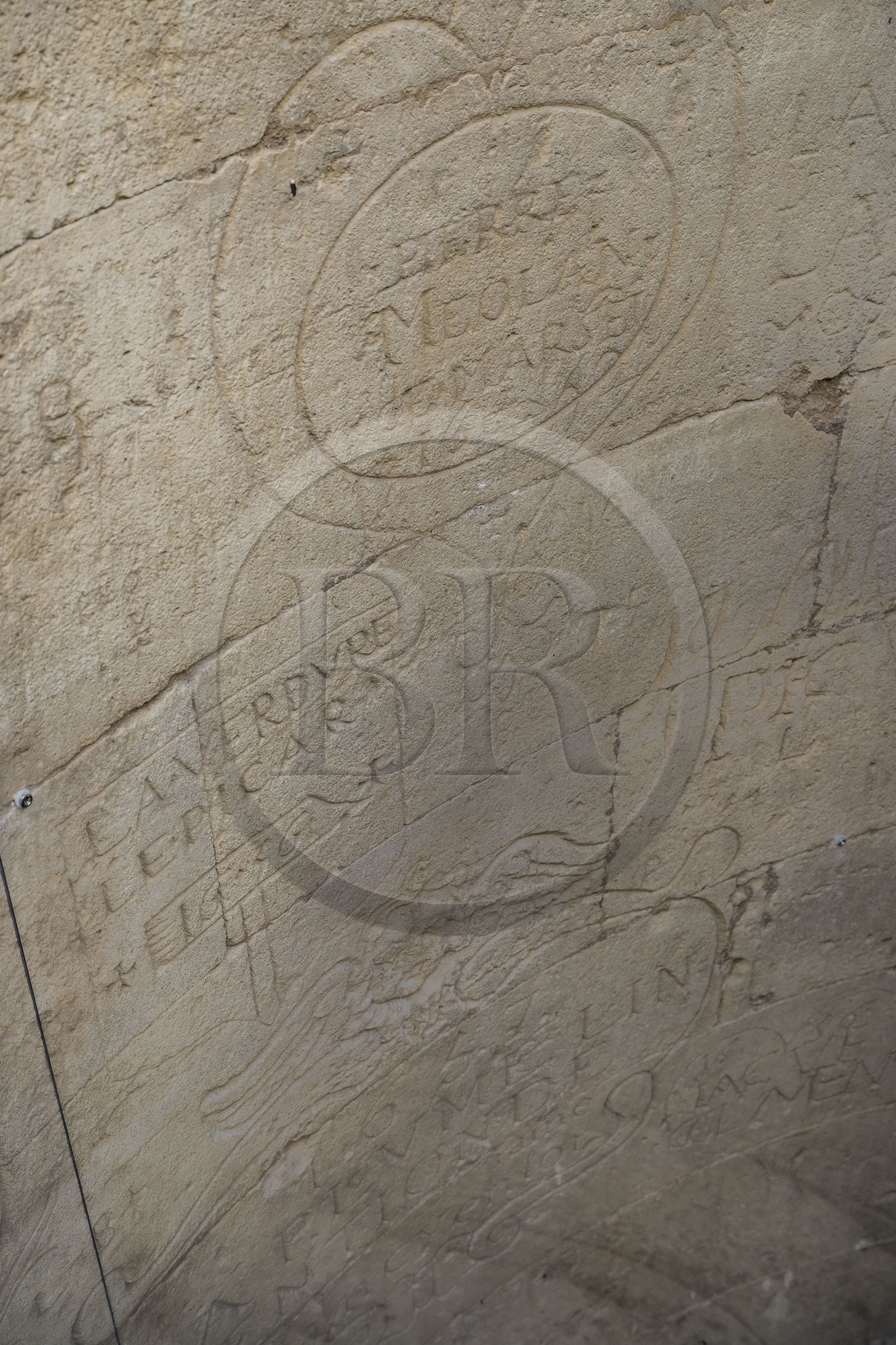 France, Gard, Saint Gilles du Gard, 12th-13th century Abbey Church of Saint-Gilles, classified as World Heritage by UNESCO under the routes to Santiago de Compostela in France, ruins of the old choir of the church, graffiti engraved in the former spiral staircase