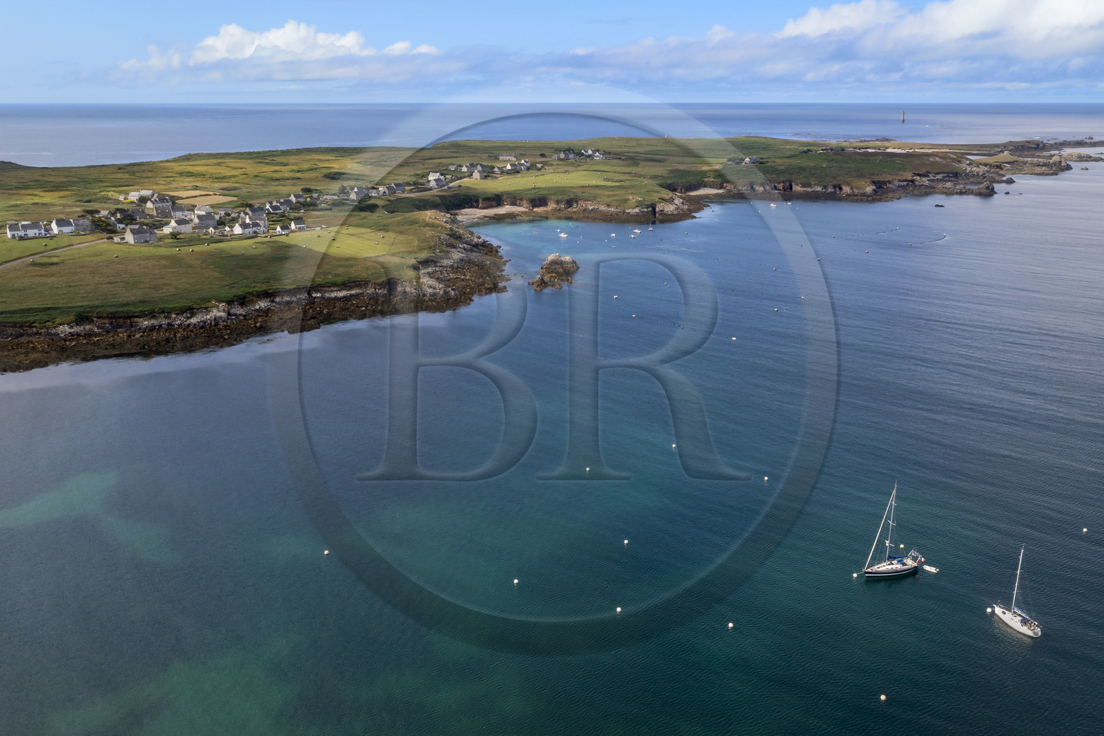 France, Finistère, Iroise Sea, Ouessant Island, the bay of Lampaul and the peninsula of Feunteun Velen (aerial view)