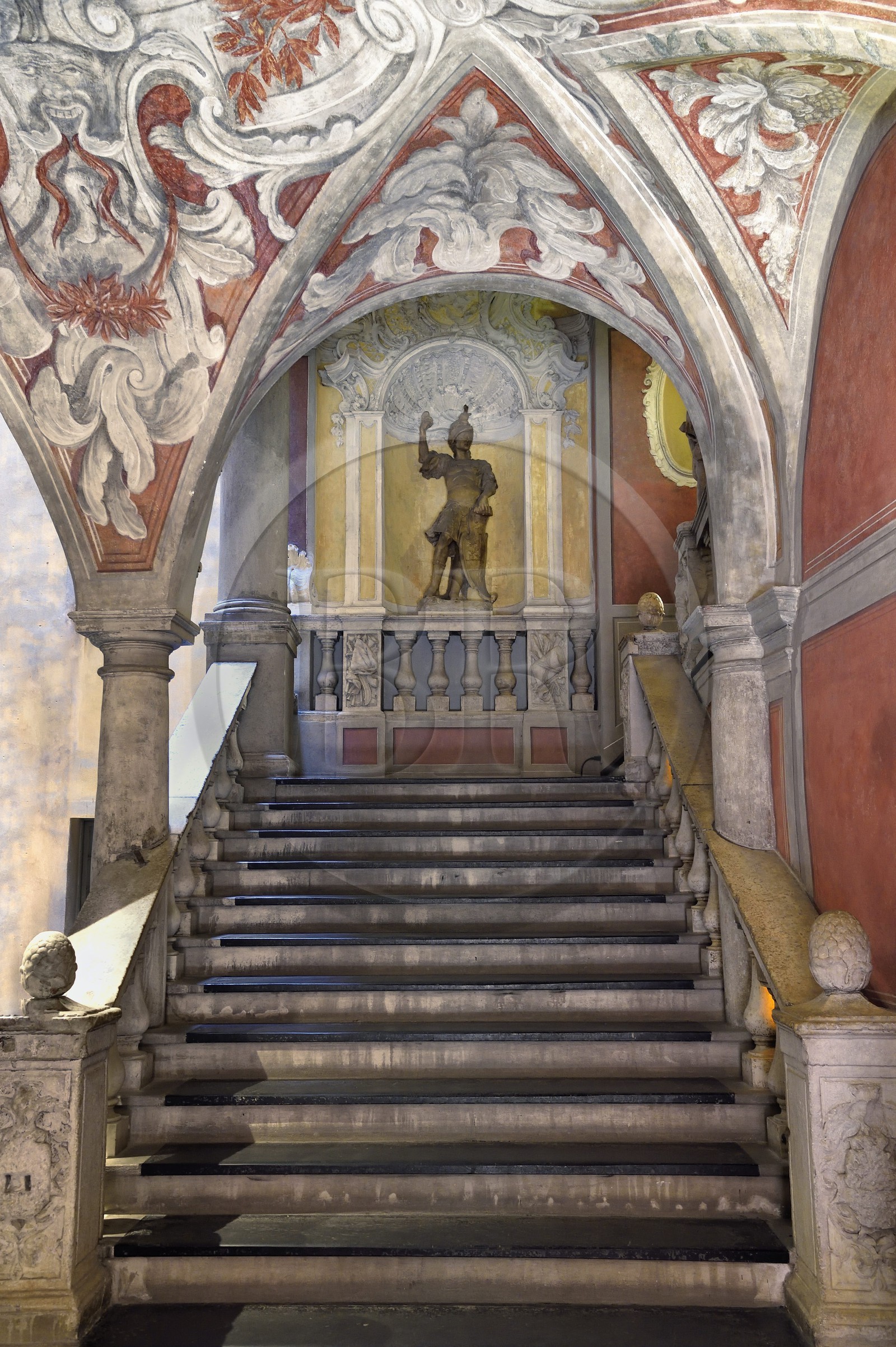 France, Alpes-Maritimes, Nice, old town, Palais Lascaris mid 17th century, monumental staircase decorated with frescoes and overlooked by the statue of Mars