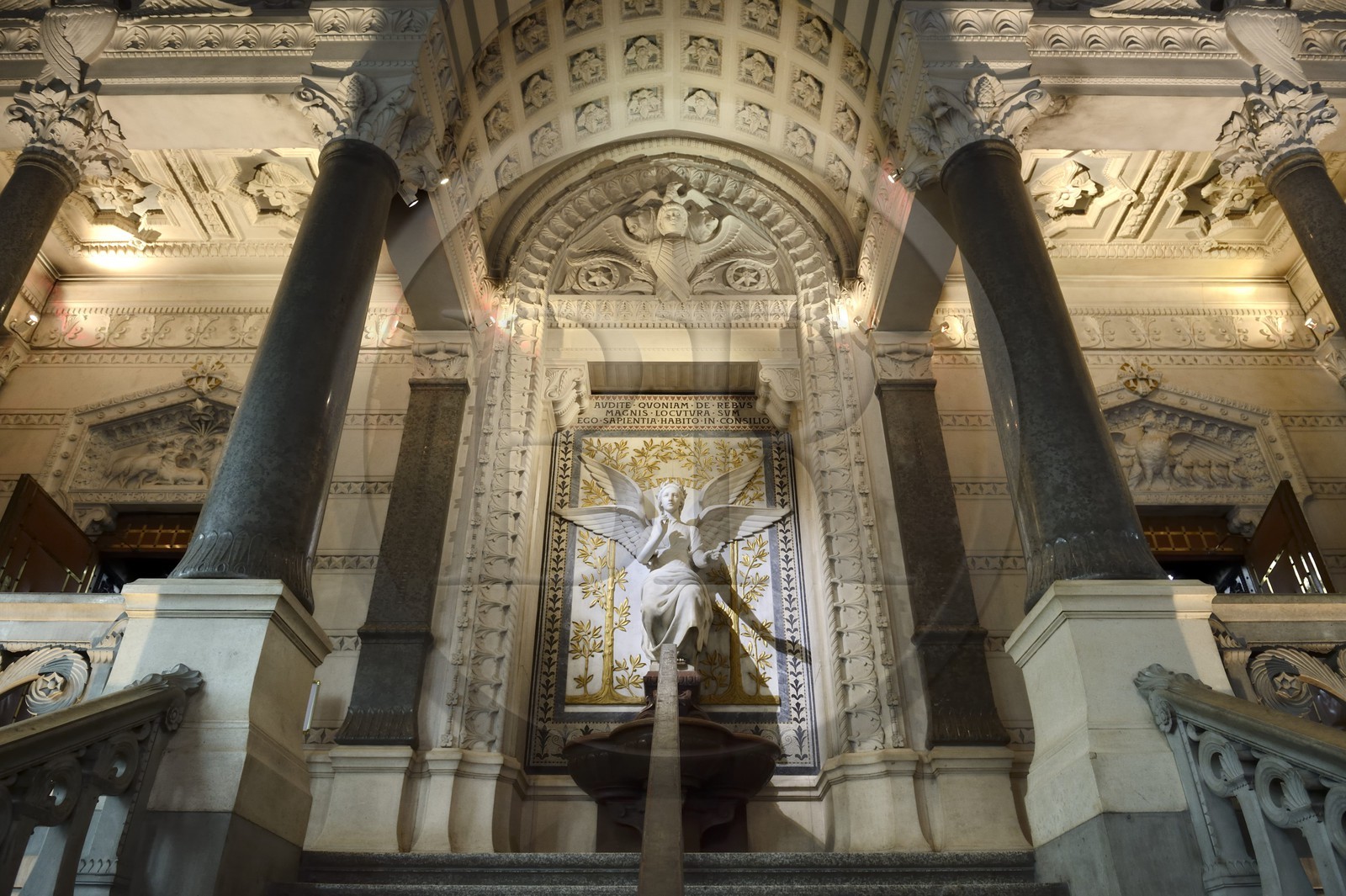 France, Rhone, Lyon, historical site listed as World Heritage by UNESCO, Notre Dame de Fourviere basilica, the Angel of Wisdom on the stairs leading to the side access doors of the nave