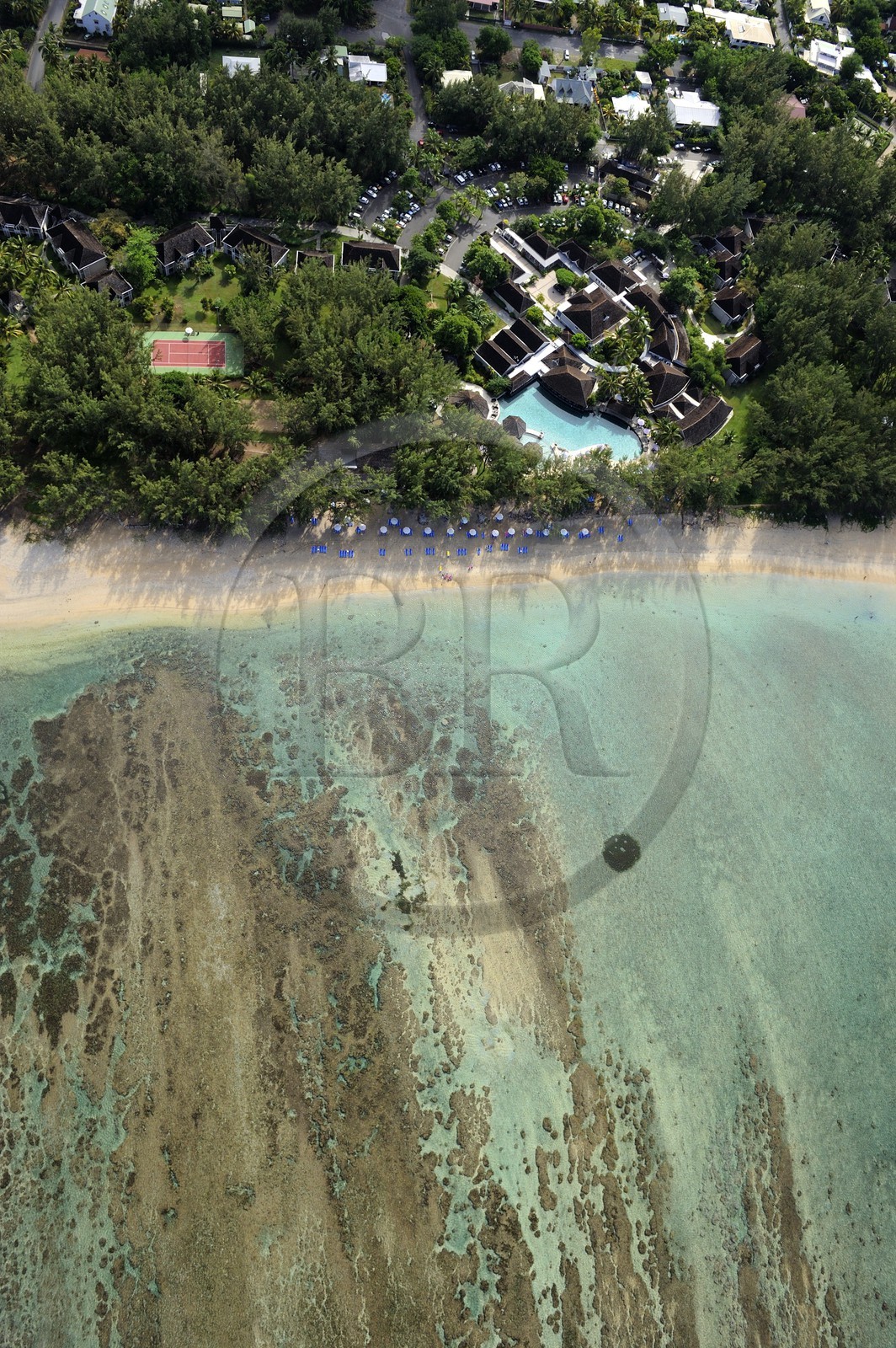 France, Reunion Island (French overseas department), West Coast, Saint Gilles les Bains lagoon at l'Ermitage les Bains (aerial view)