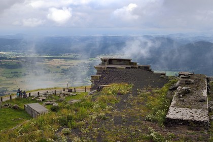 France, Puy de Dome, Parc Naturel Régional des Volcans d'Auvergne (regional nature park of Auvergne volcanoes), Chaine des Puys listed as World heritage by UNESCO, partially reconstructed remains of the temple of Mercury at the top of the Puy de Dôme, Gallo-Roman temple from the 2nd century