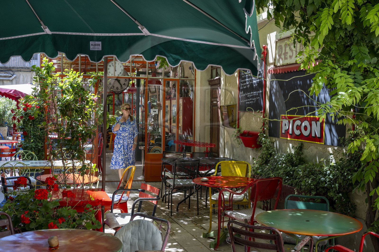 France, Bouches-du-Rhône (13), Parc Naturel Régional des Alpilles, Saint-Rémy-de-Provence, terrasse du restaurant le Bistrot de Marie, une adresse appréciée par Charles Aznavour
